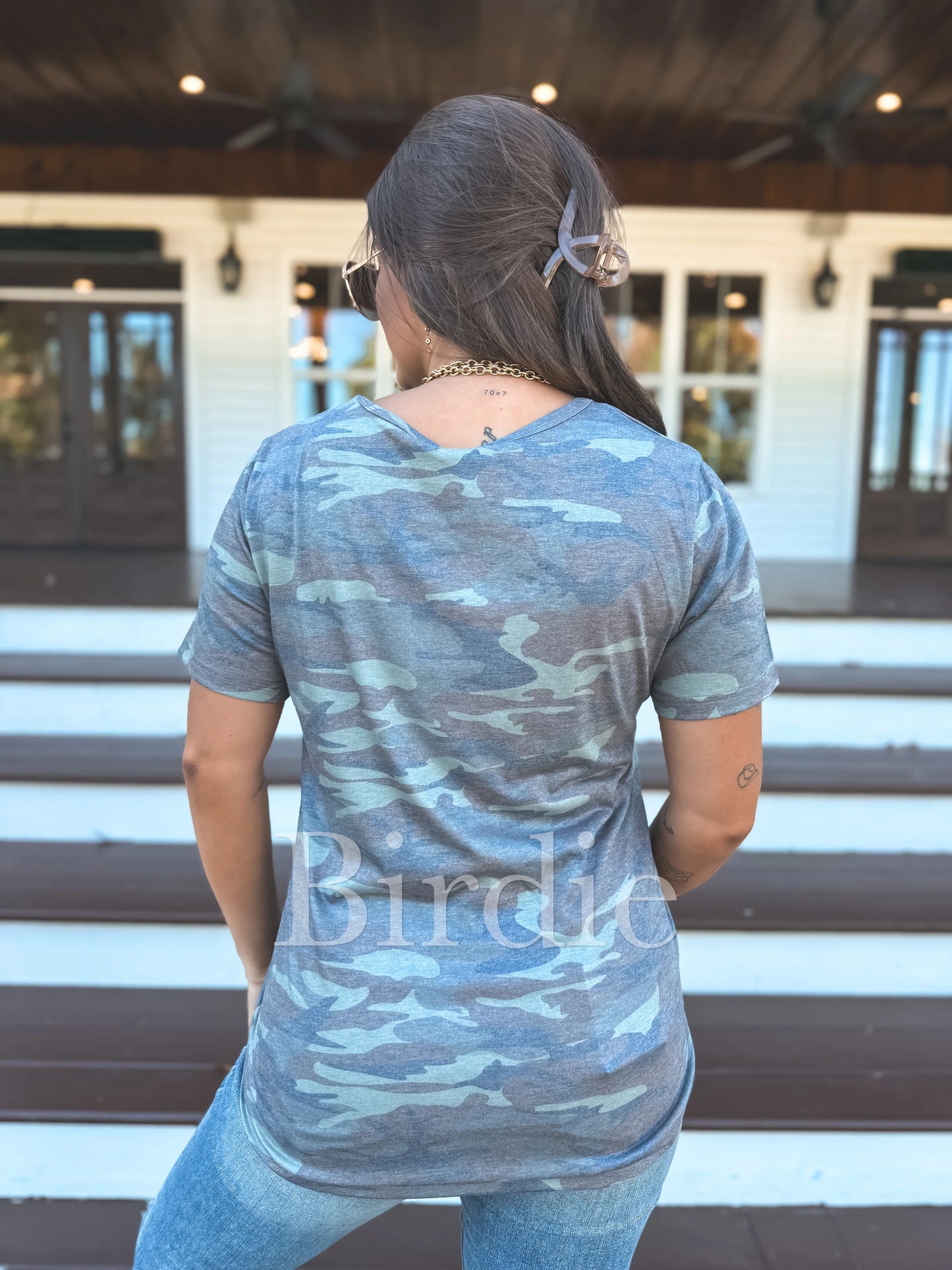Pre Order BIRDIE Soft Style V Neck Pocket Tee in Army Camo