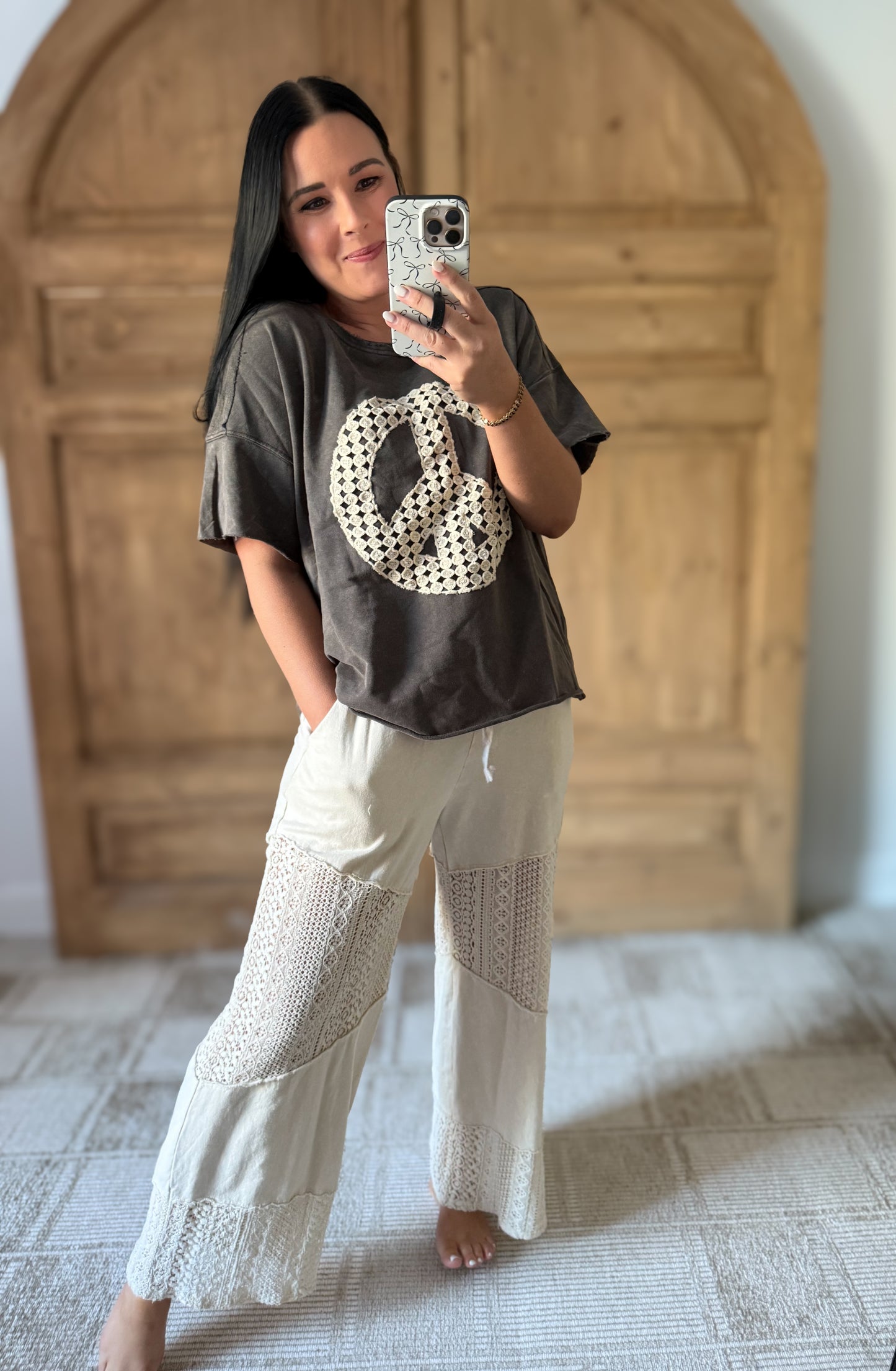Umgee Full Size Mineral Wash T-Shirt with Lace Applique Plus Size Available