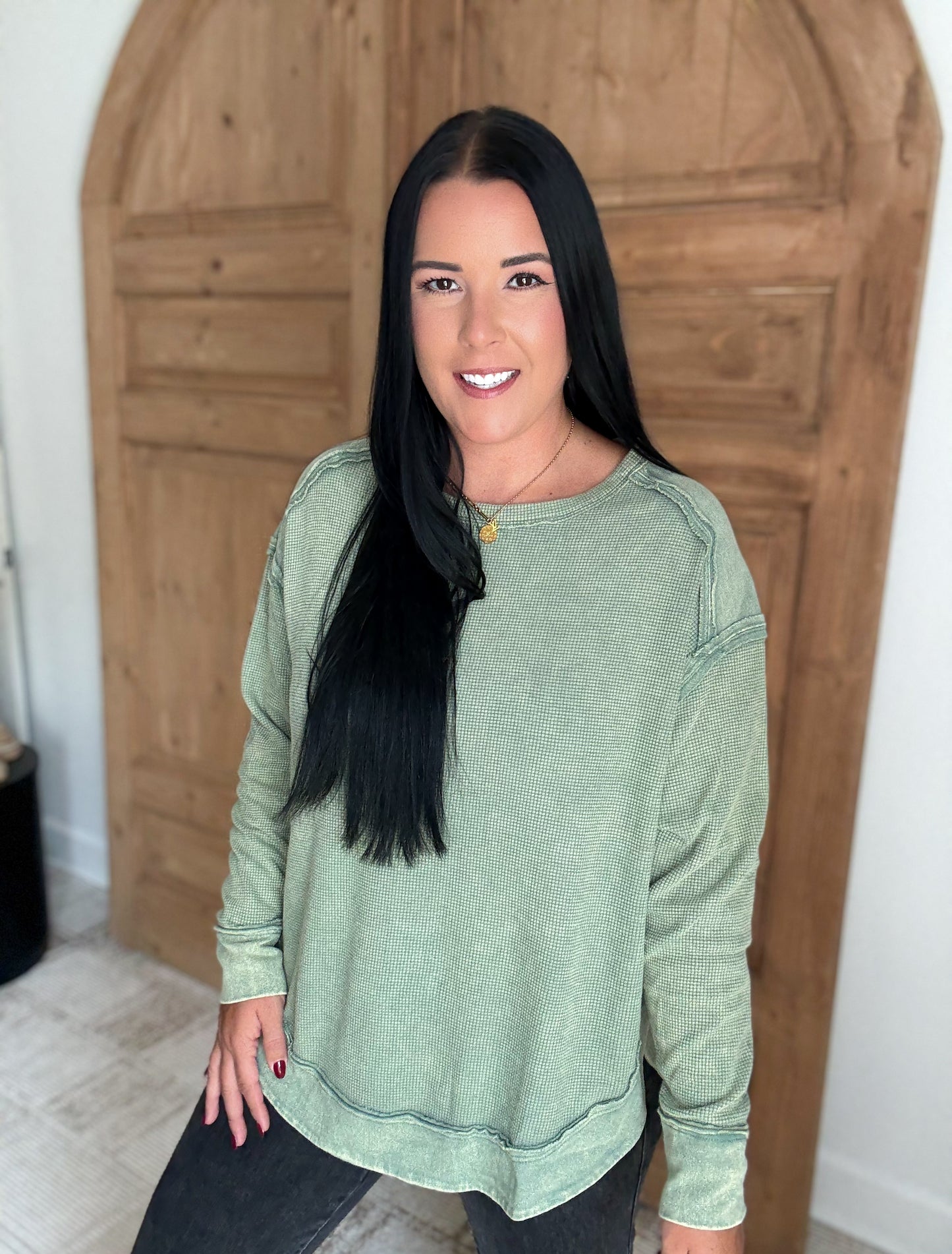 MINERAL WASHED ELBOW PATCHED CONTRAST TOPS- *Multiple Colors