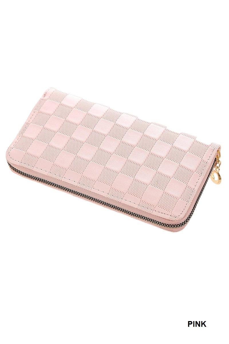 CHECKERED MONOGRAM VEGAN LEATHER LONG WALLET PINK