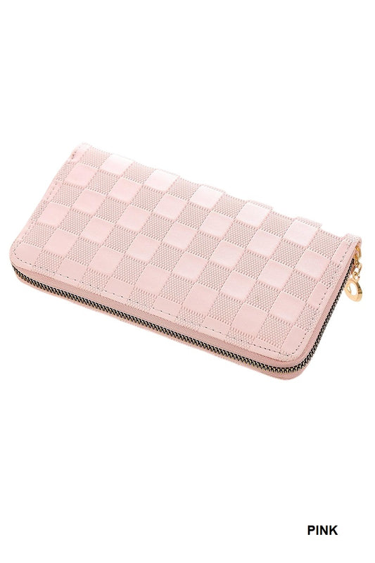 CHECKERED MONOGRAM VEGAN LEATHER LONG WALLET PINK