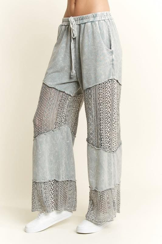 J.HER MINERAL WASHED LACE SEE THROUGH BREEZY PANTS SILVER GREY