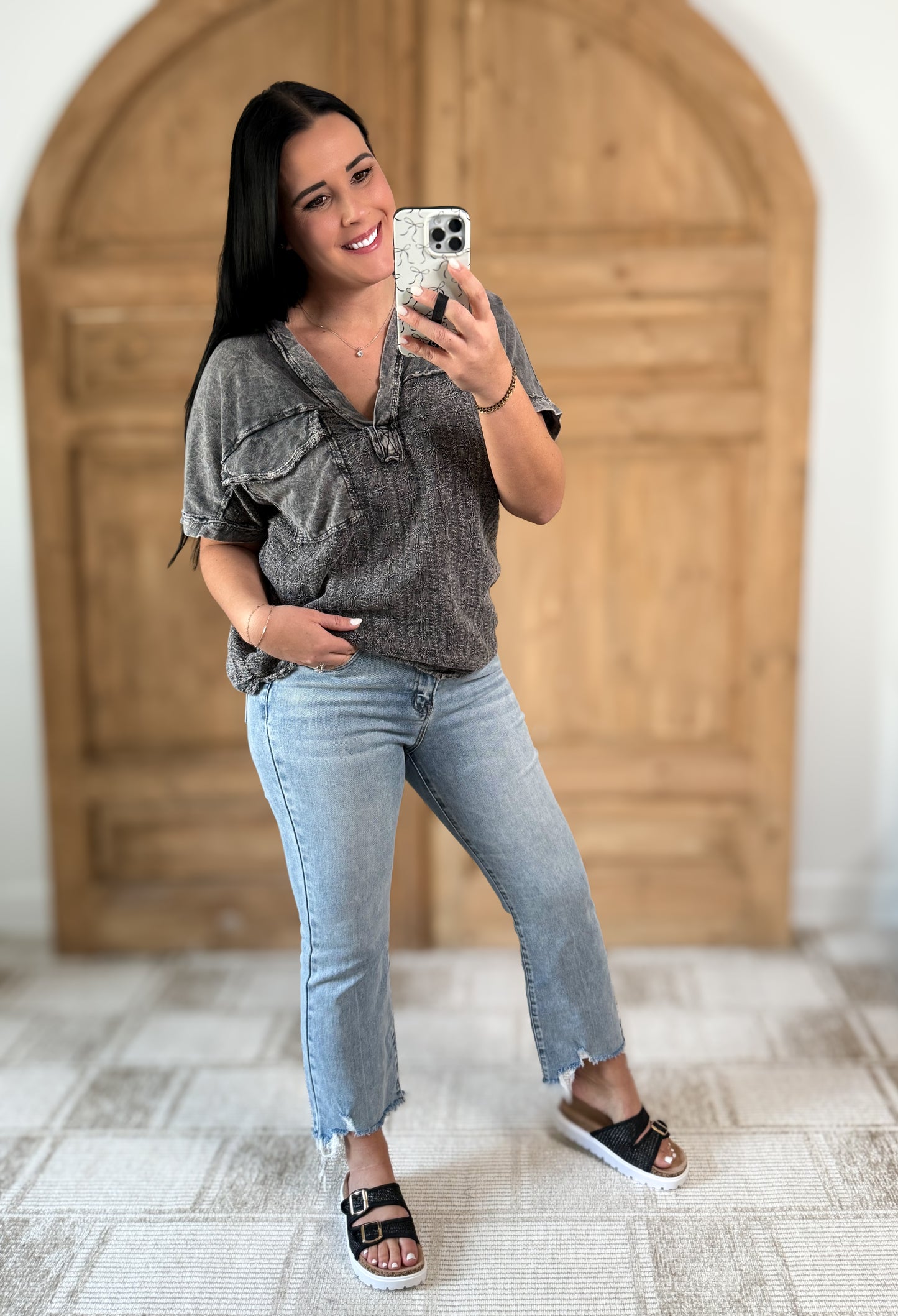 J.HER MINERALWASH BOHO FLORAL EYELET HALFSLEEVE BLOUSE ASHED BLACK