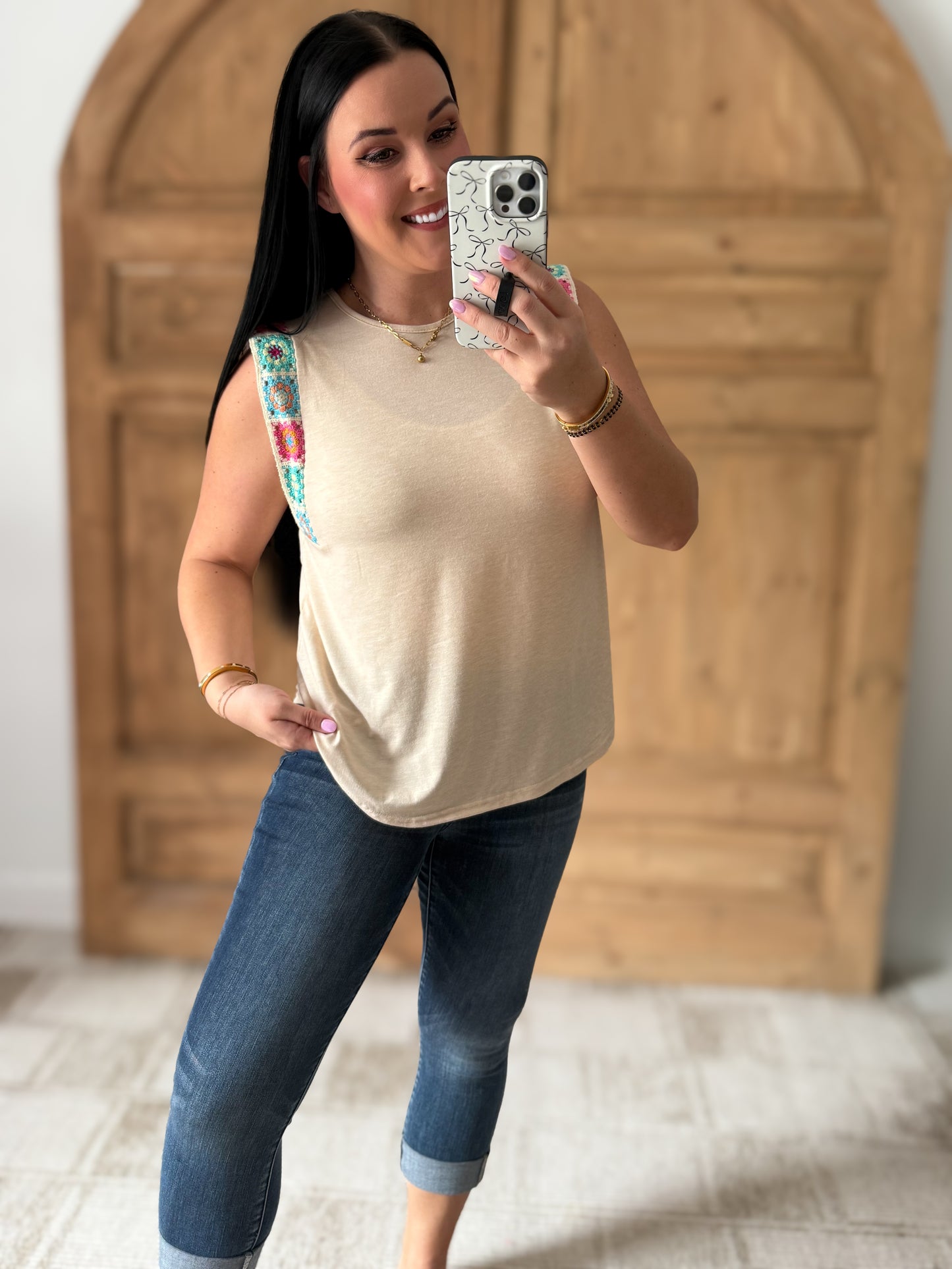 Perfee Crochet Trim Round Neck T-Shirt