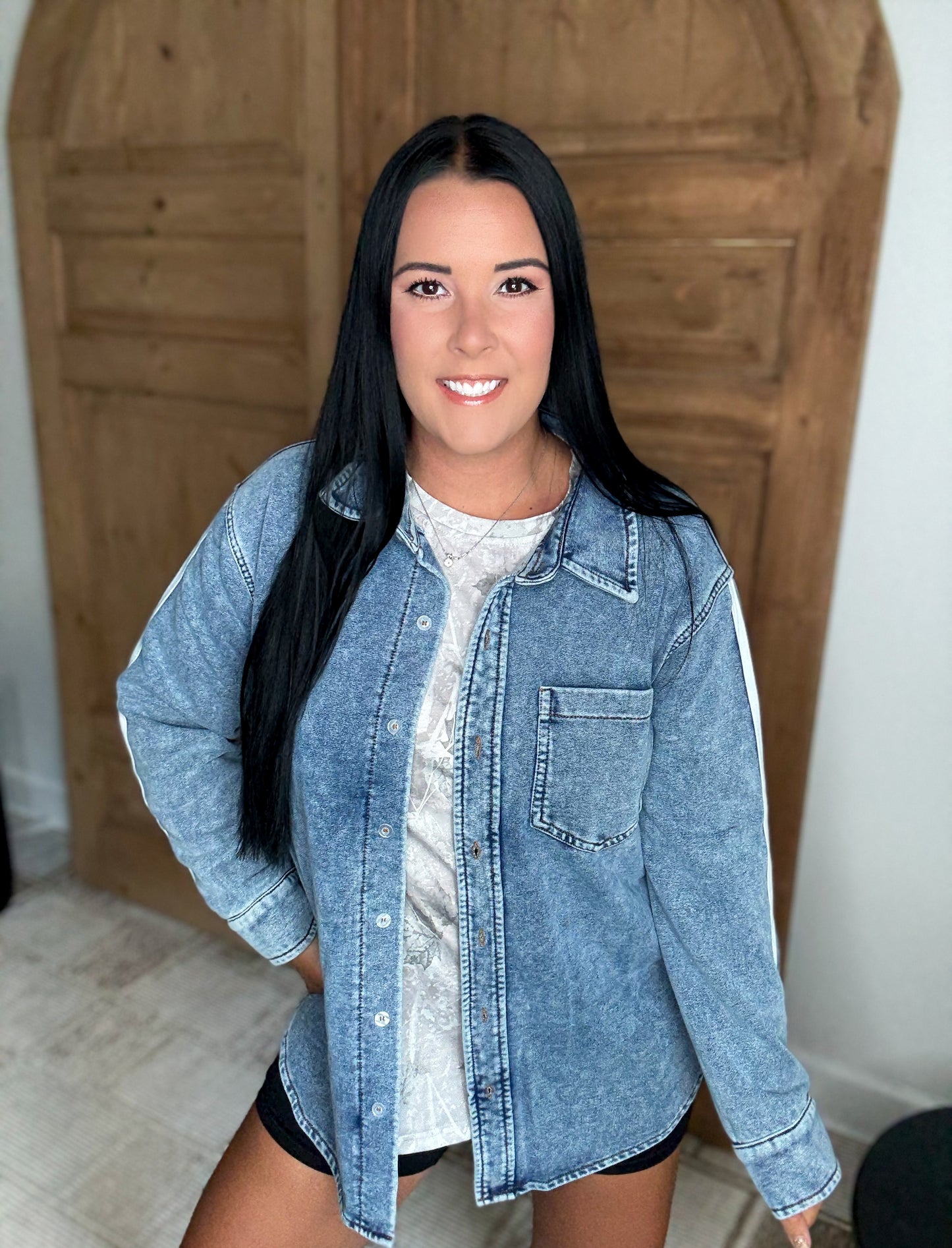 MY YES DENIM SOFT SWEATSHIRT SHACKET
