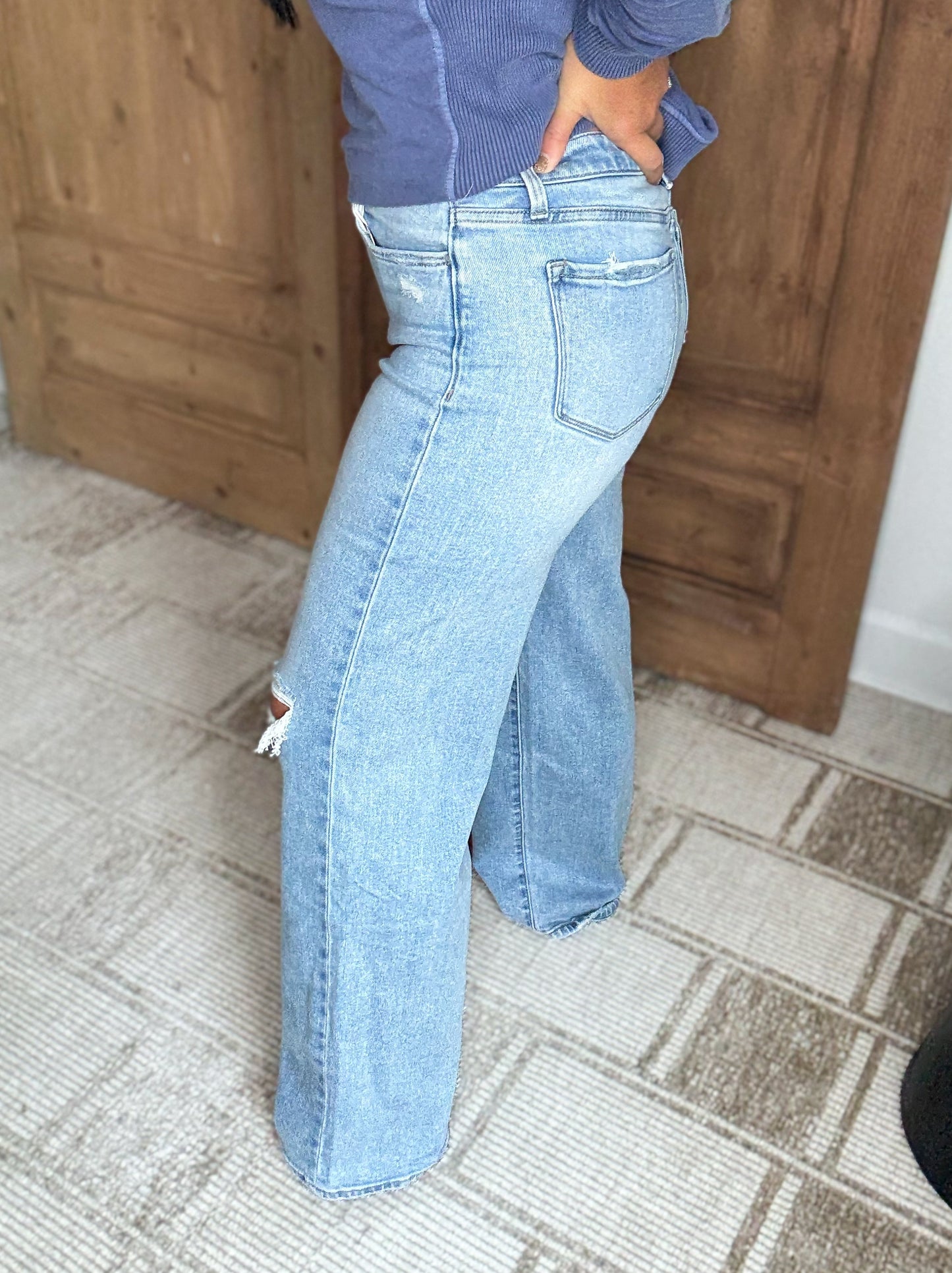 HIGH RISE DISTRESSED WIDE LEG DENIM- Flying Monkey