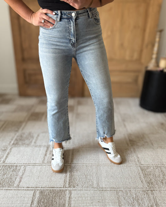 RISEN HIGH RISE CROP FLARE FRAYED HEM JEANS