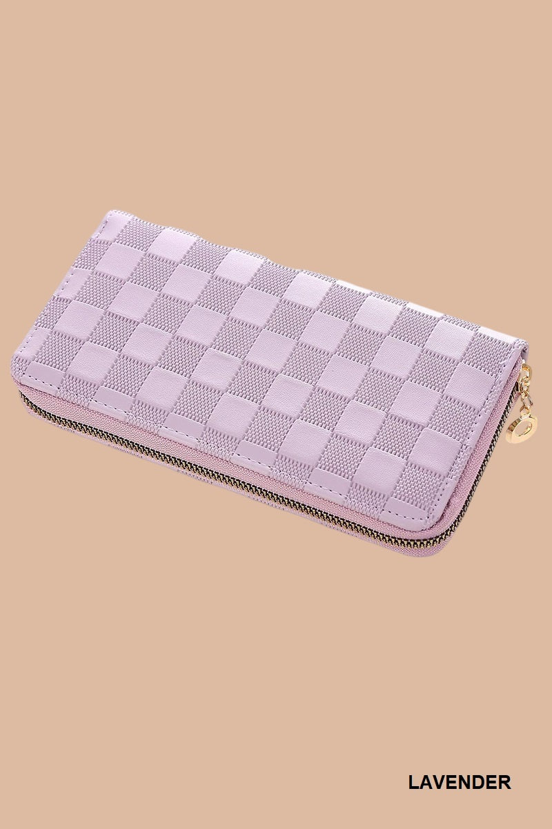 CHECKERED MONOGRAM VEGAN LEATHER LONG WALLET LAVENDER