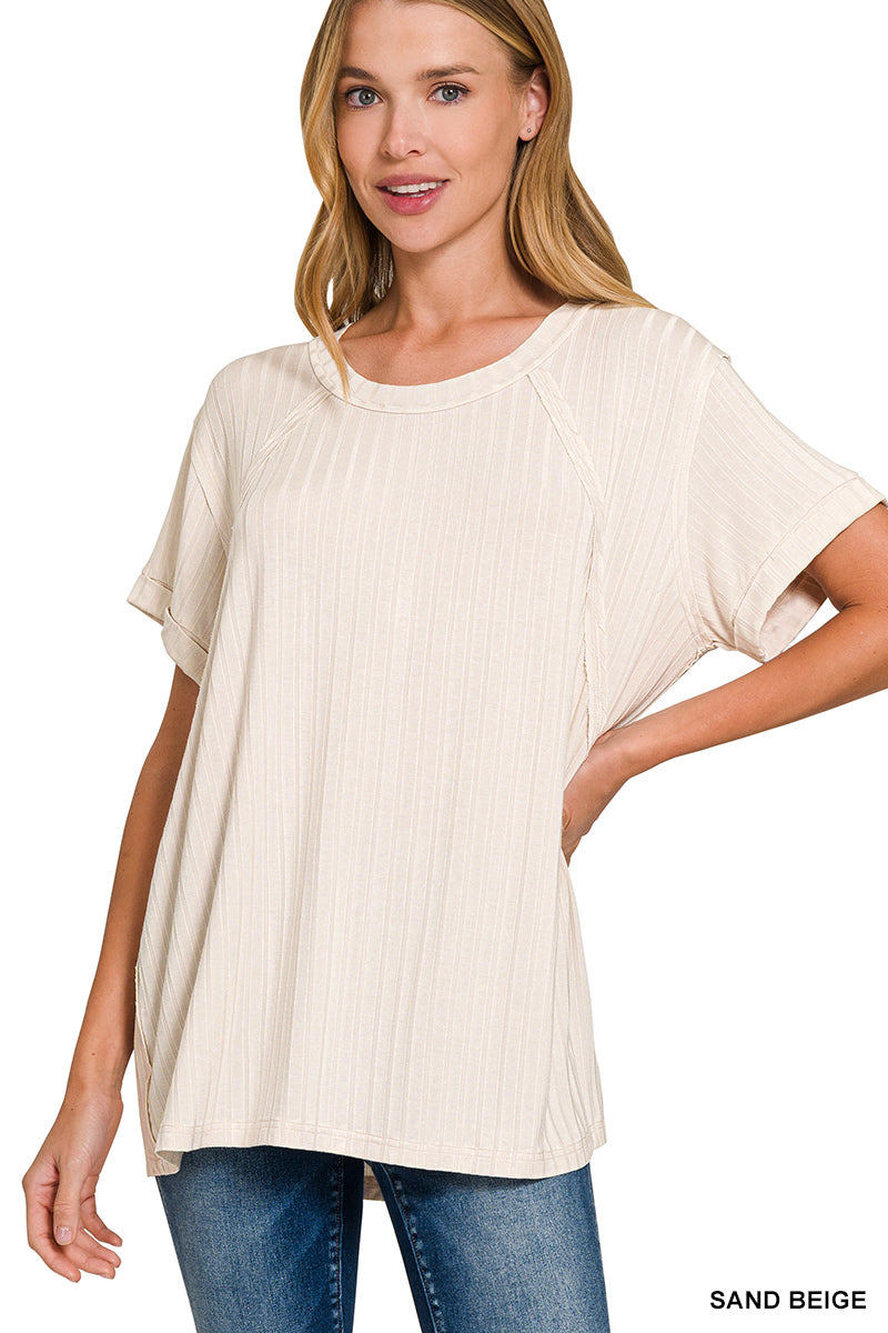 ZENANA ACID WASHED RIBBED SHORT SLEEVE BOAT-NECK TOP **multiple colors