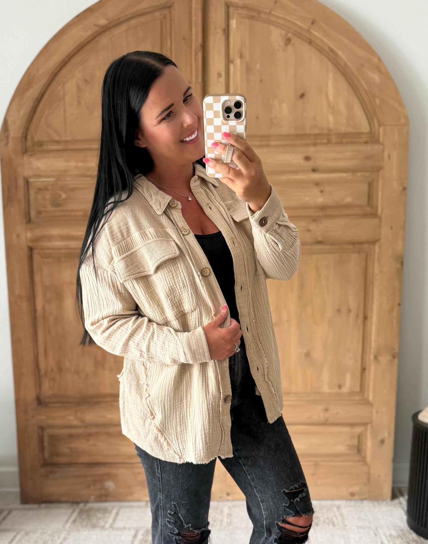 JOHNNY GAUZE KNIT BUTTON DOWN LAYERING TOP-MOCHA