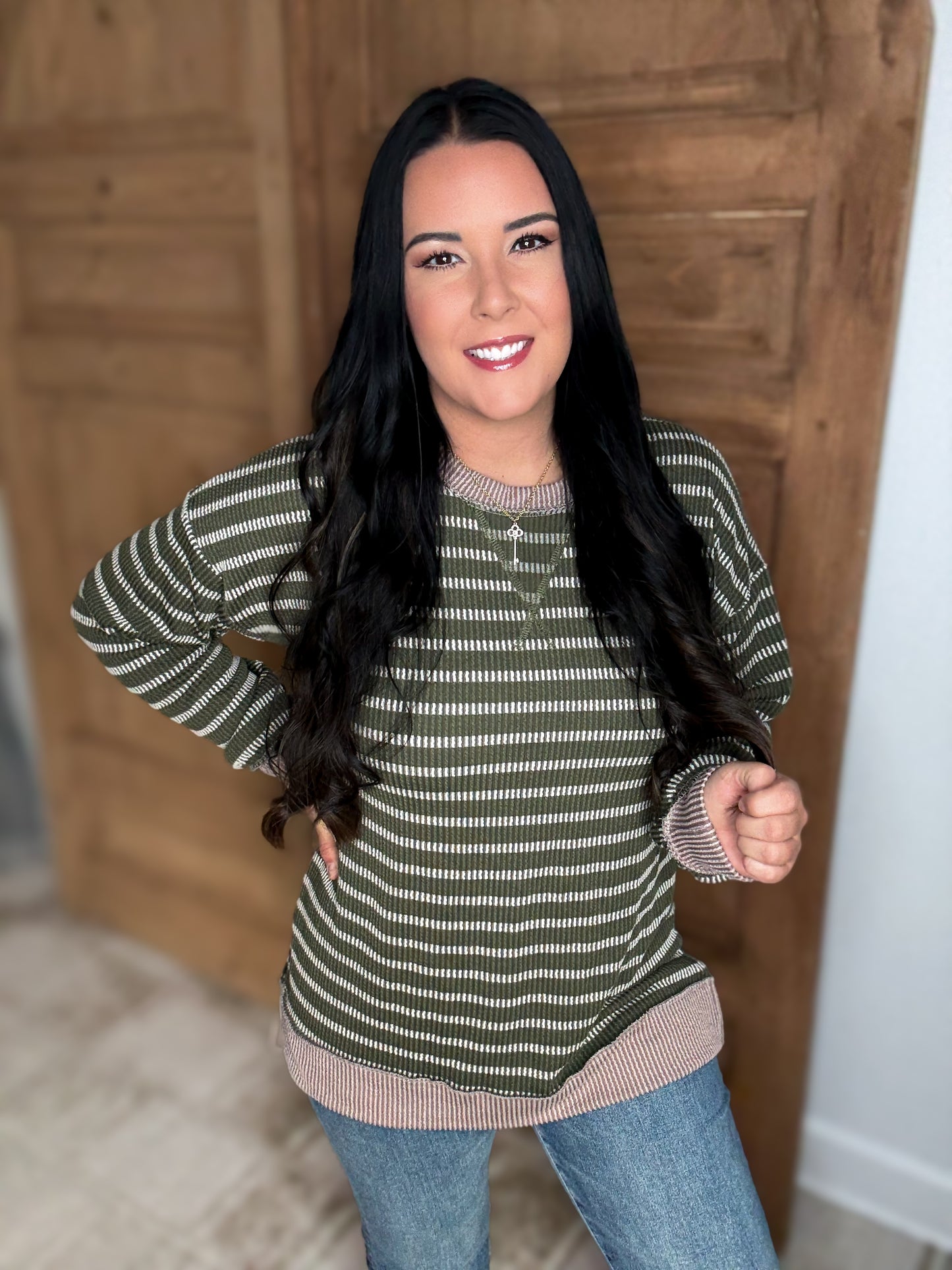 *DOORBUSTER EVERYDAY HEIMISH STRIPED TOP- OLIVE