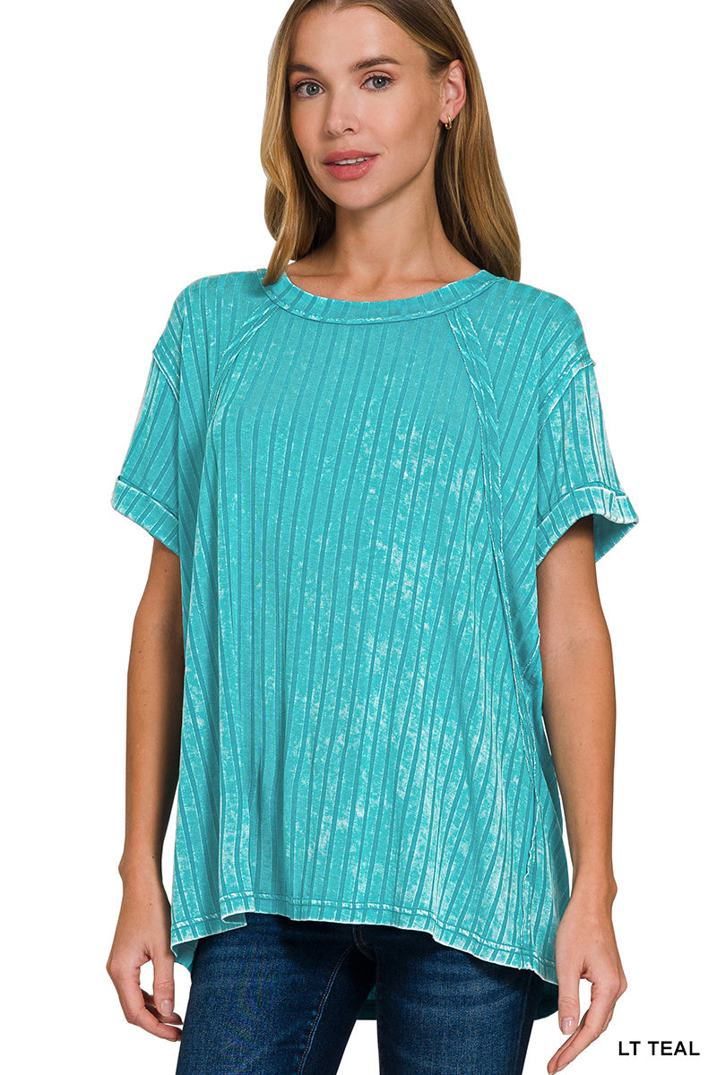 ZENANA ACID WASHED RIBBED SHORT SLEEVE BOAT-NECK TOP **multiple colors
