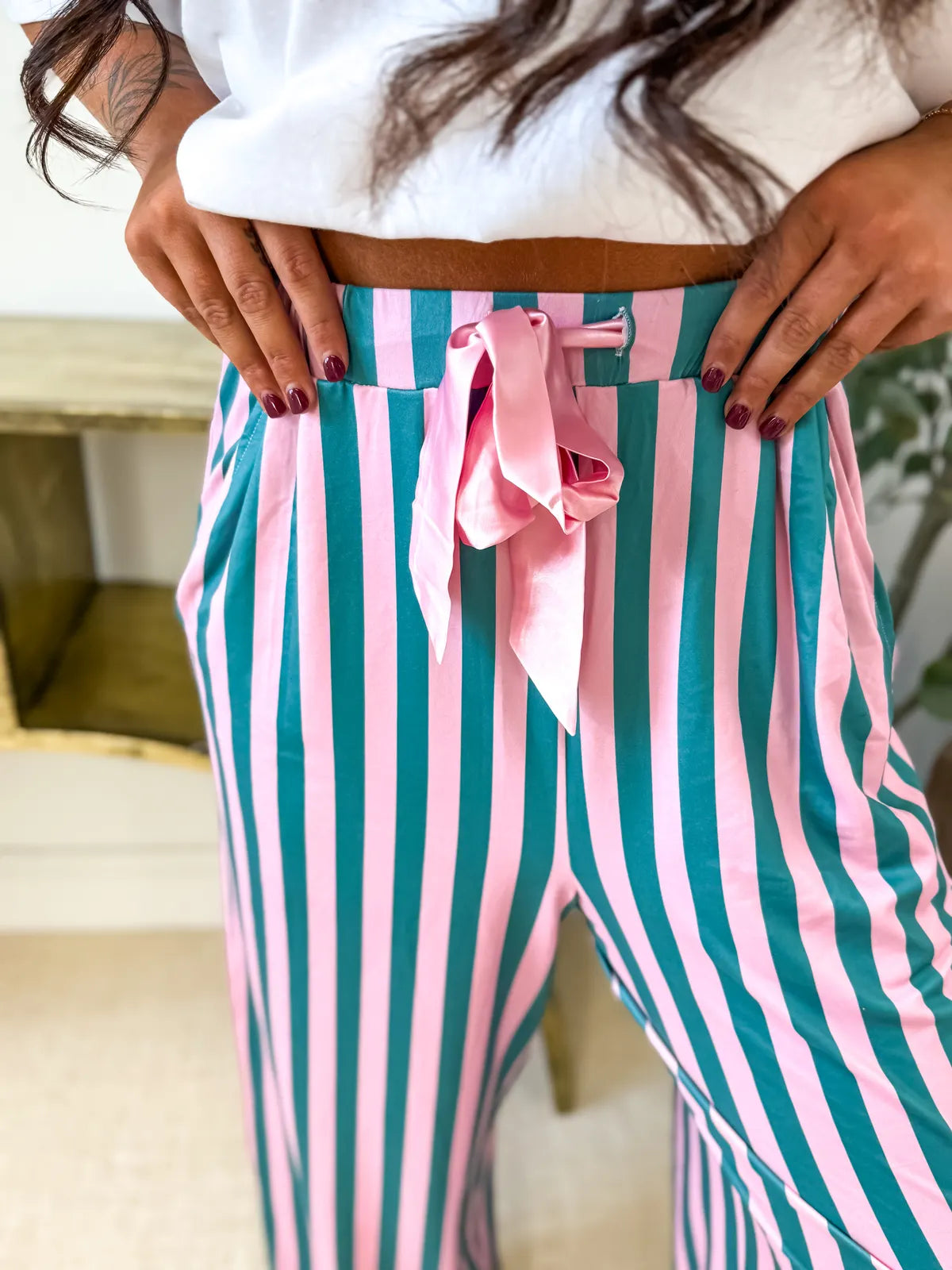 BIRDIE Stretchy Lounge Pants in Green and Pink Stripe- Pre Order