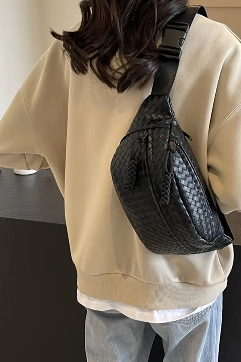 VEGAN LEATHER WOVEN ATLAS CROSSBODY BUM BAG BLACK