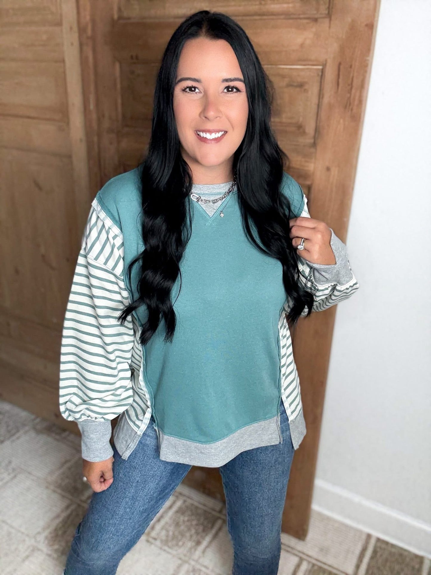 OVERSIZED STRIPED CASUAL KNIT TOP- MINT TEAL