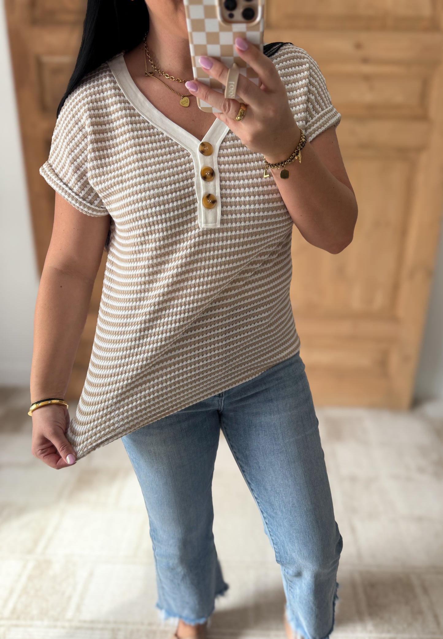 Stripe Buttoned Front V Neck T Shirt