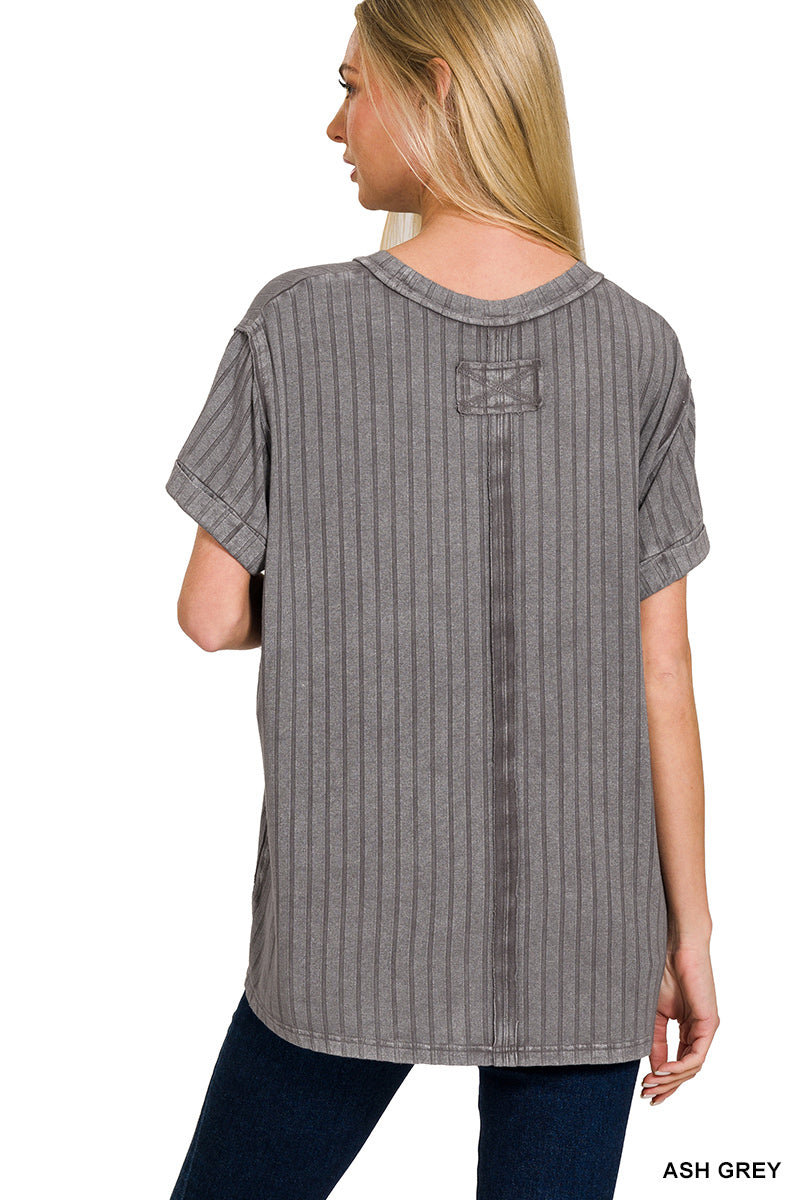 ZENANA ACID WASHED RIBBED SHORT SLEEVE BOAT-NECK TOP **multiple colors