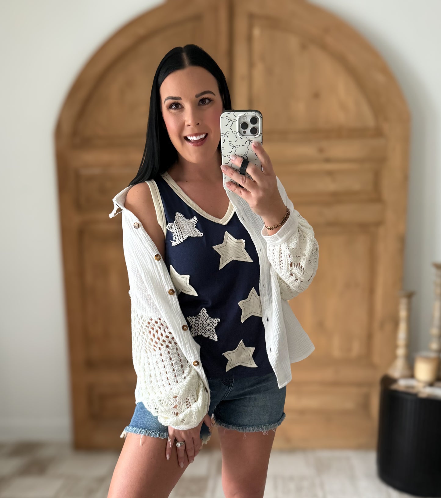 POL: GAUZE BUTTON DOWN SHACKET WITH SWEATER SLEEVE DETAIL- OFF WHITE