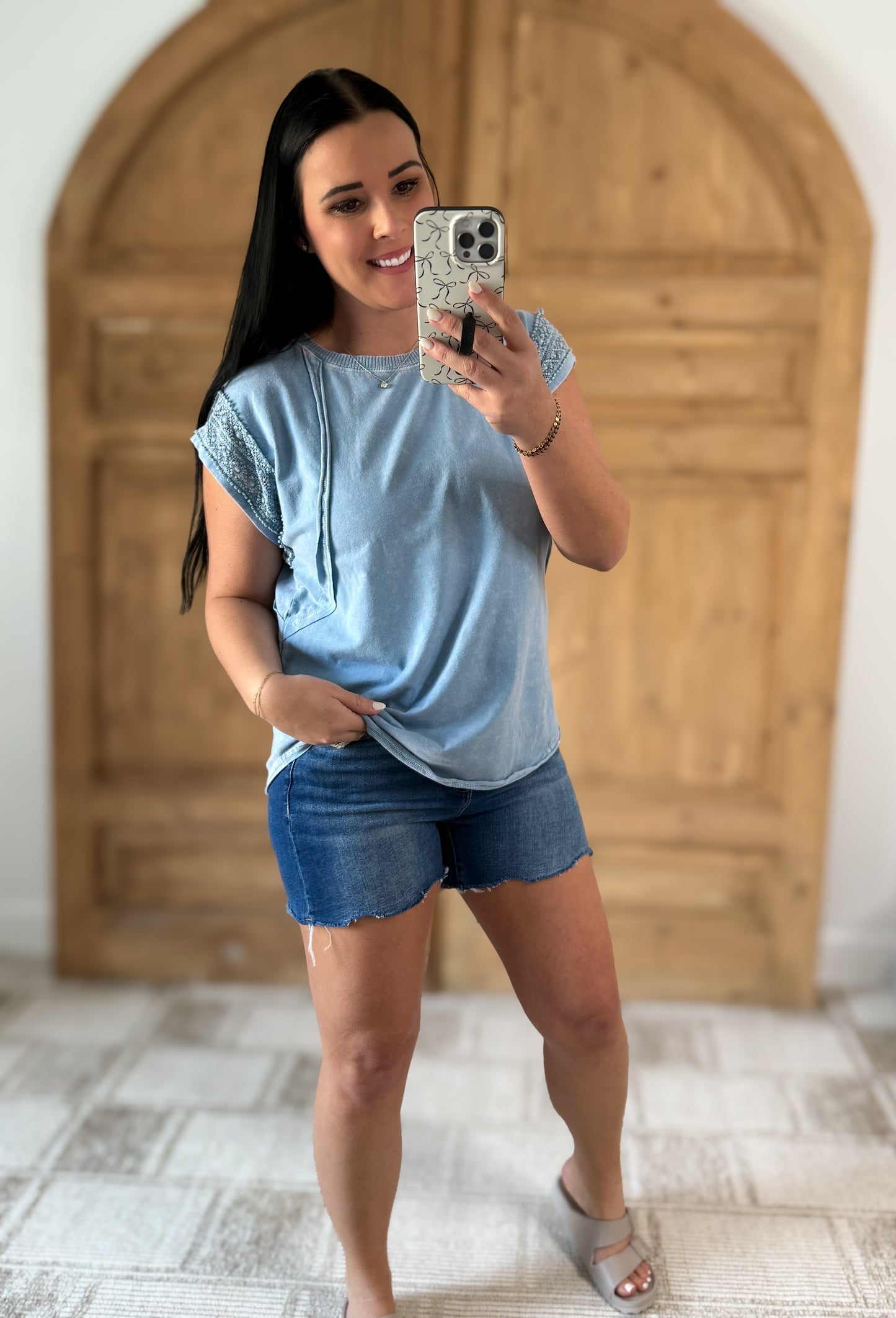 J.HER MINERALWASH TRIM CAP SLEEVE BLOUSE VINTAGE BLUE