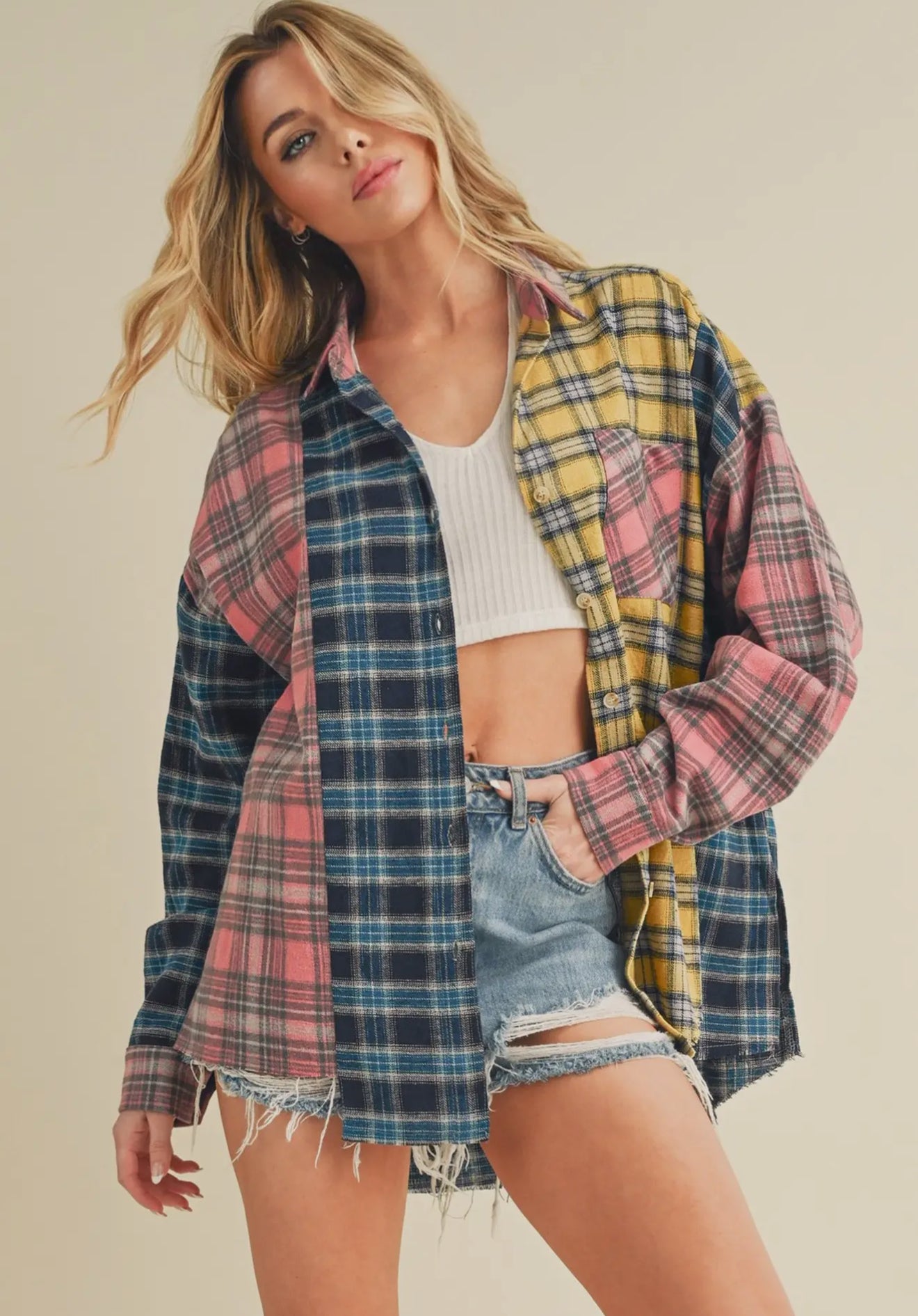 NOT YOUR DADS FLANNEL-Blue/Pink/Yellow