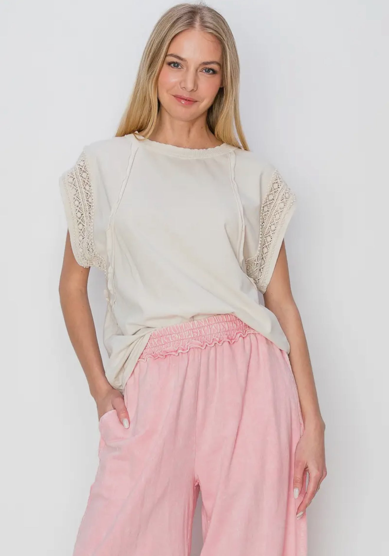 J.HER MINERALWASH TRIM CAP SLEEVE BLOUSE VINTAGE NATURAL