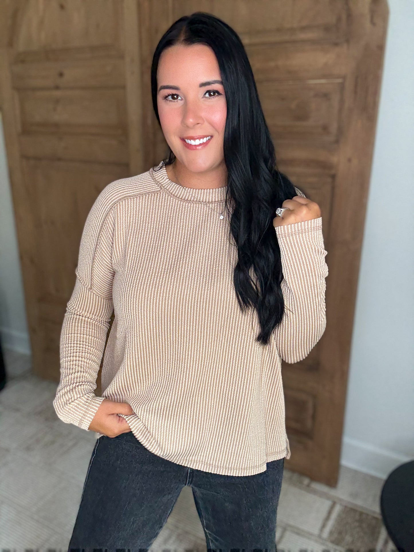 ON THE RUN RIBBED LONG SLEEVE STRETCHY TOP- Light Mocha
