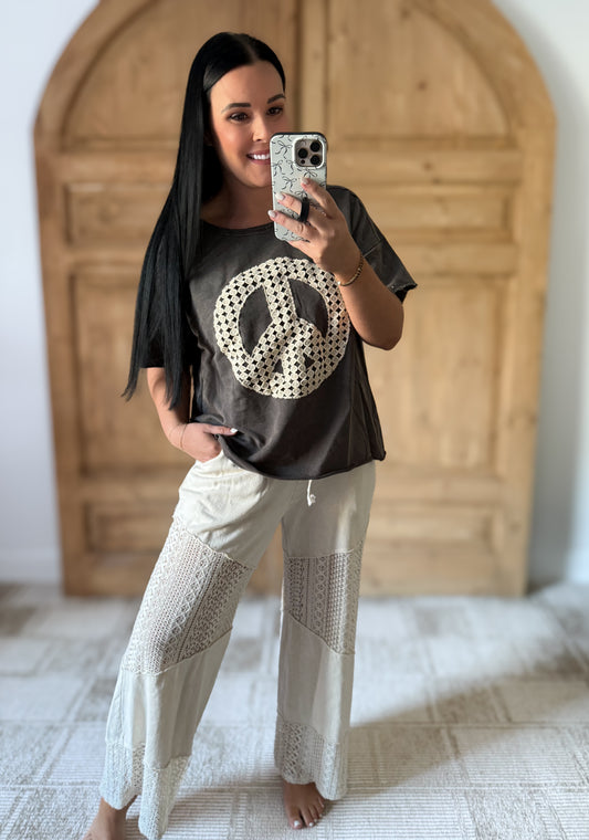 Umgee Full Size Mineral Wash T-Shirt with Lace Applique Plus Size Available