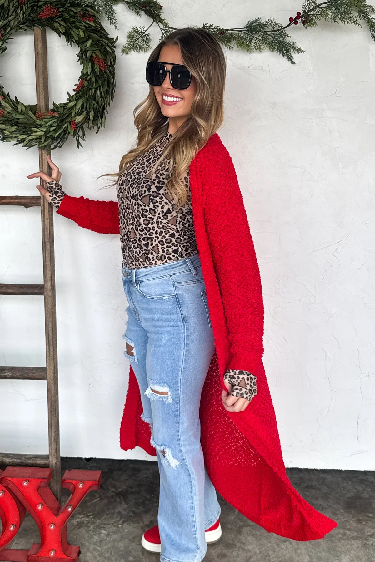PREORDER- POPPY KNIT POPCORN CARDIGAN-Red