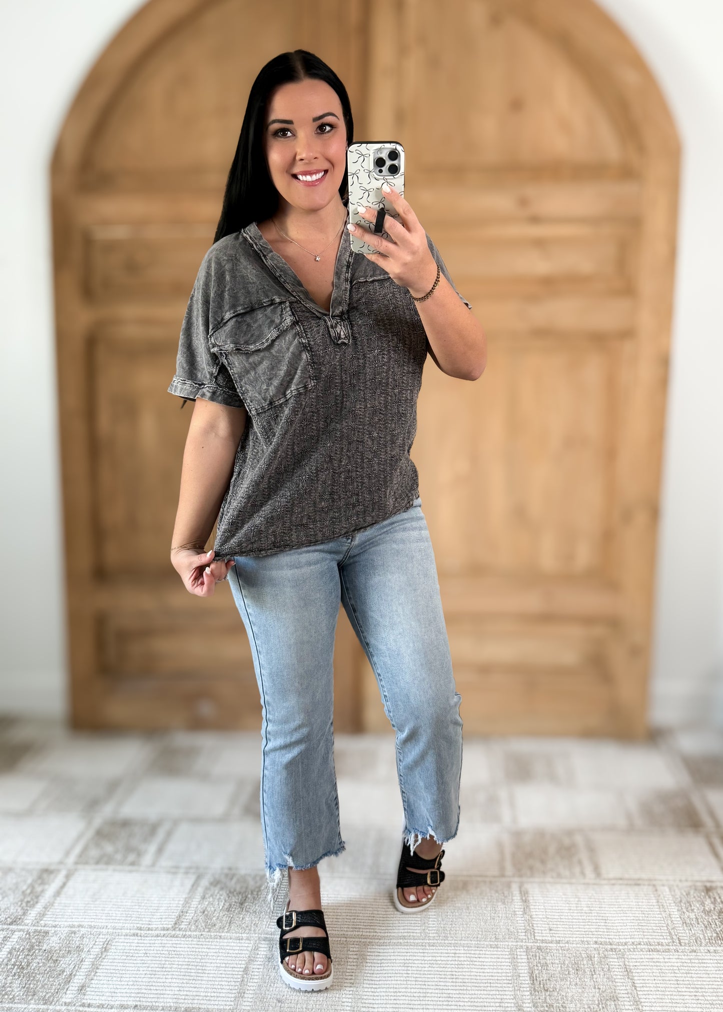 J.HER MINERALWASH BOHO FLORAL EYELET HALFSLEEVE BLOUSE ASHED BLACK