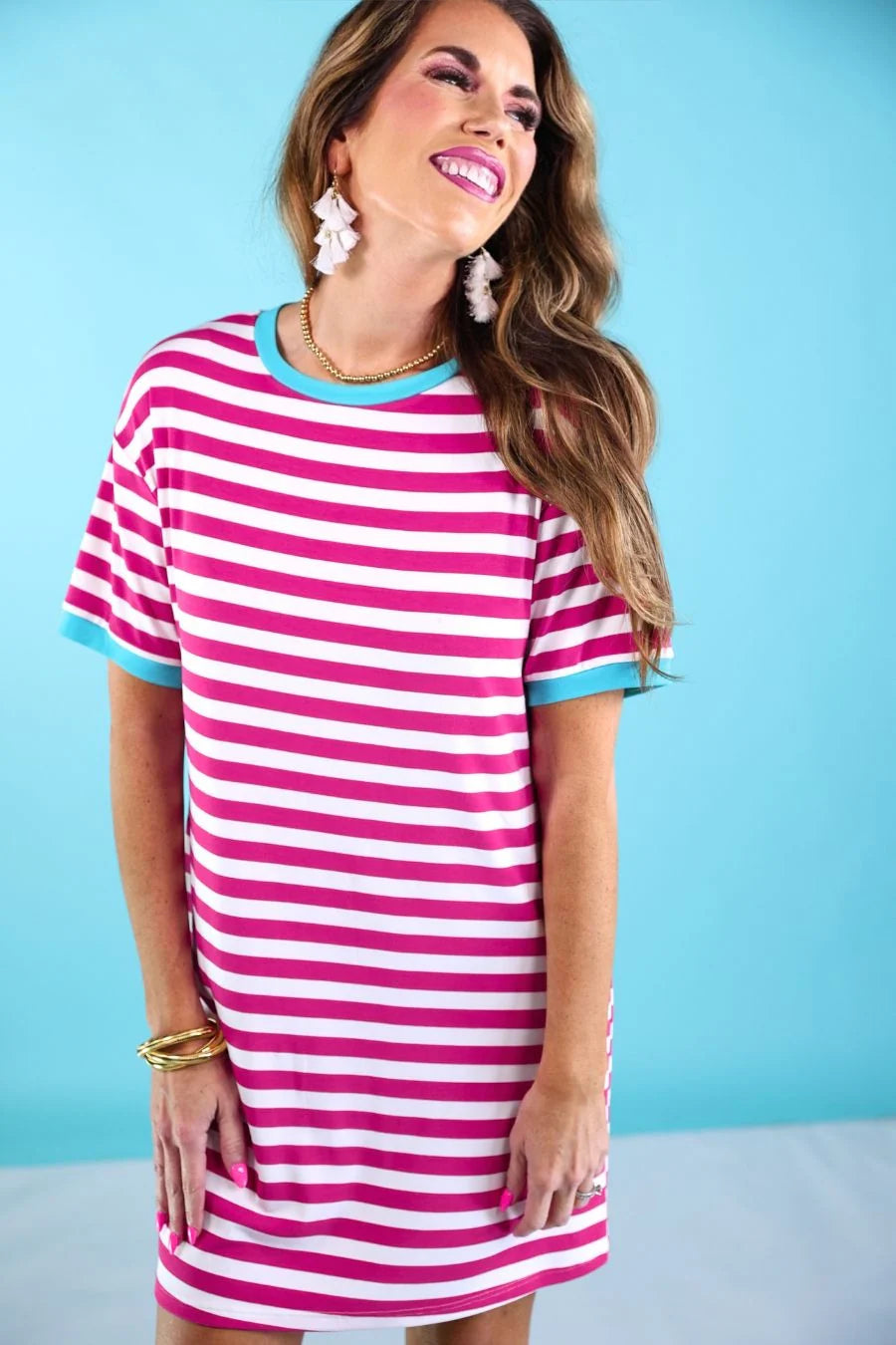 PRE ORDER Living In Stripes Dress, Pink/Teal