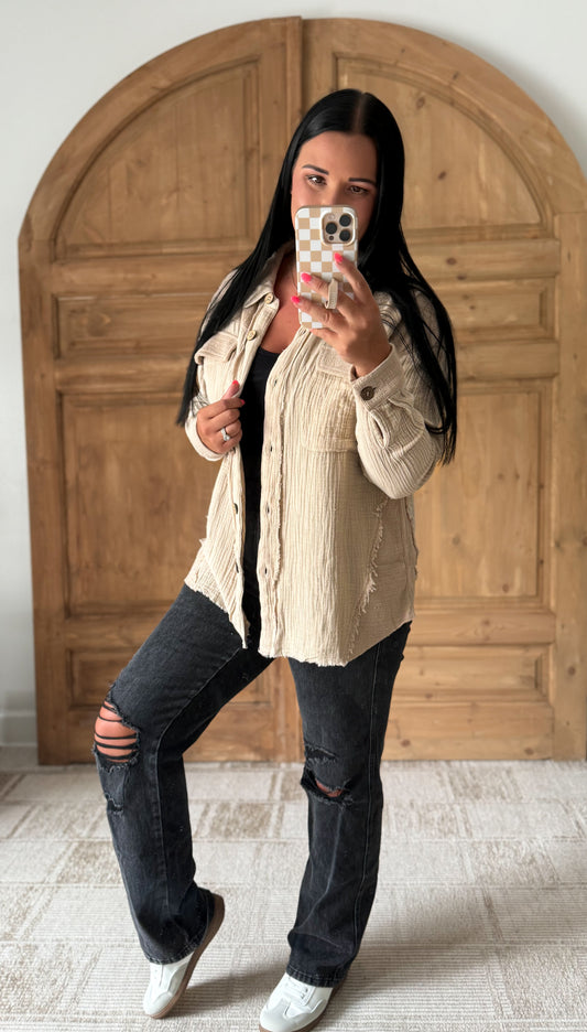 JOHNNY GAUZE KNIT BUTTON DOWN LAYERING TOP-MOCHA