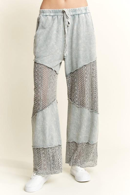 J.HER MINERAL WASHED LACE SEE THROUGH BREEZY PANTS SILVER GREY