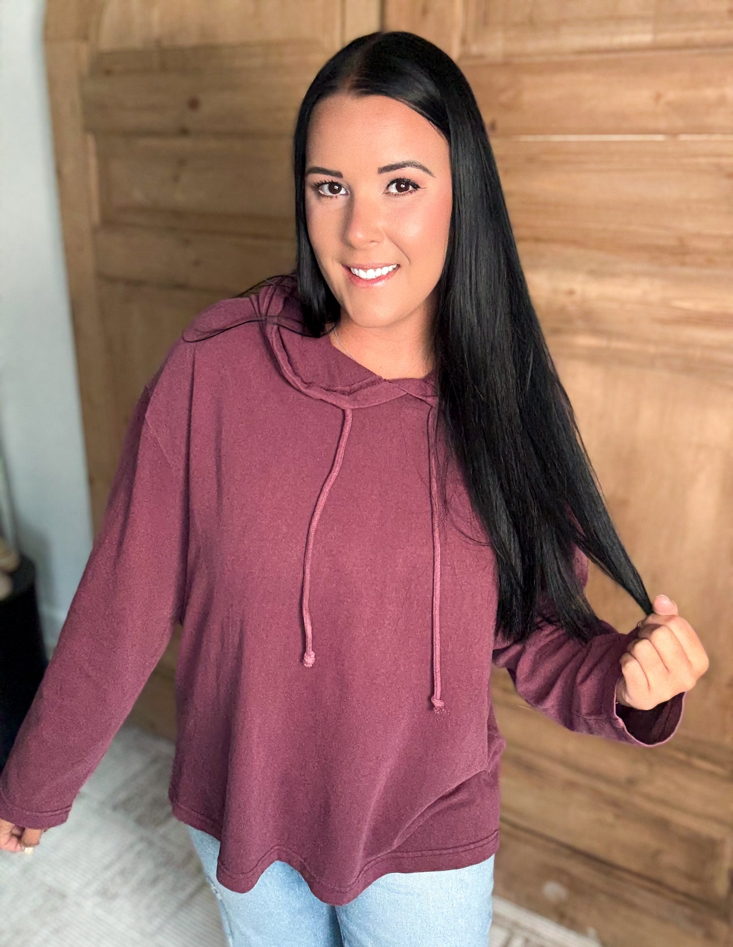 OVERSIZED HOODED VINTAGE WASHED LONG SLEEVE TOP- CABERNET