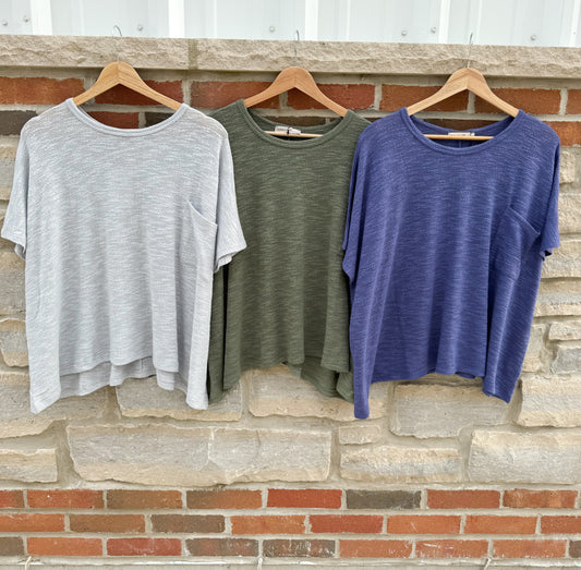 ZENANA OVERSIZED SLUB SHORT SLEEVE HACCI TOP WITH FRONT POCKET*MULTIPLE COLORS