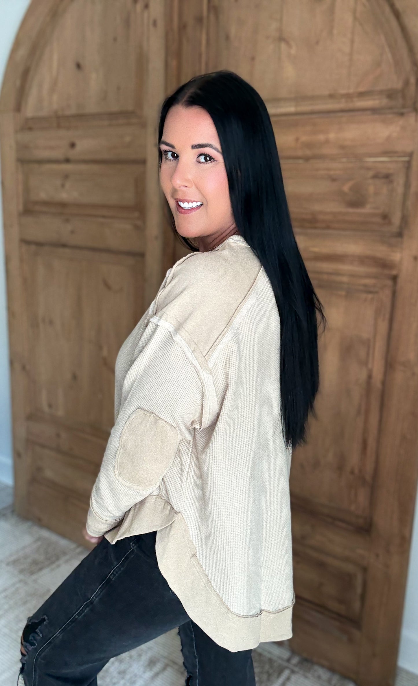 MINERAL WASHED ELBOW PATCHED CONTRAST TOPS- *Multiple Colors