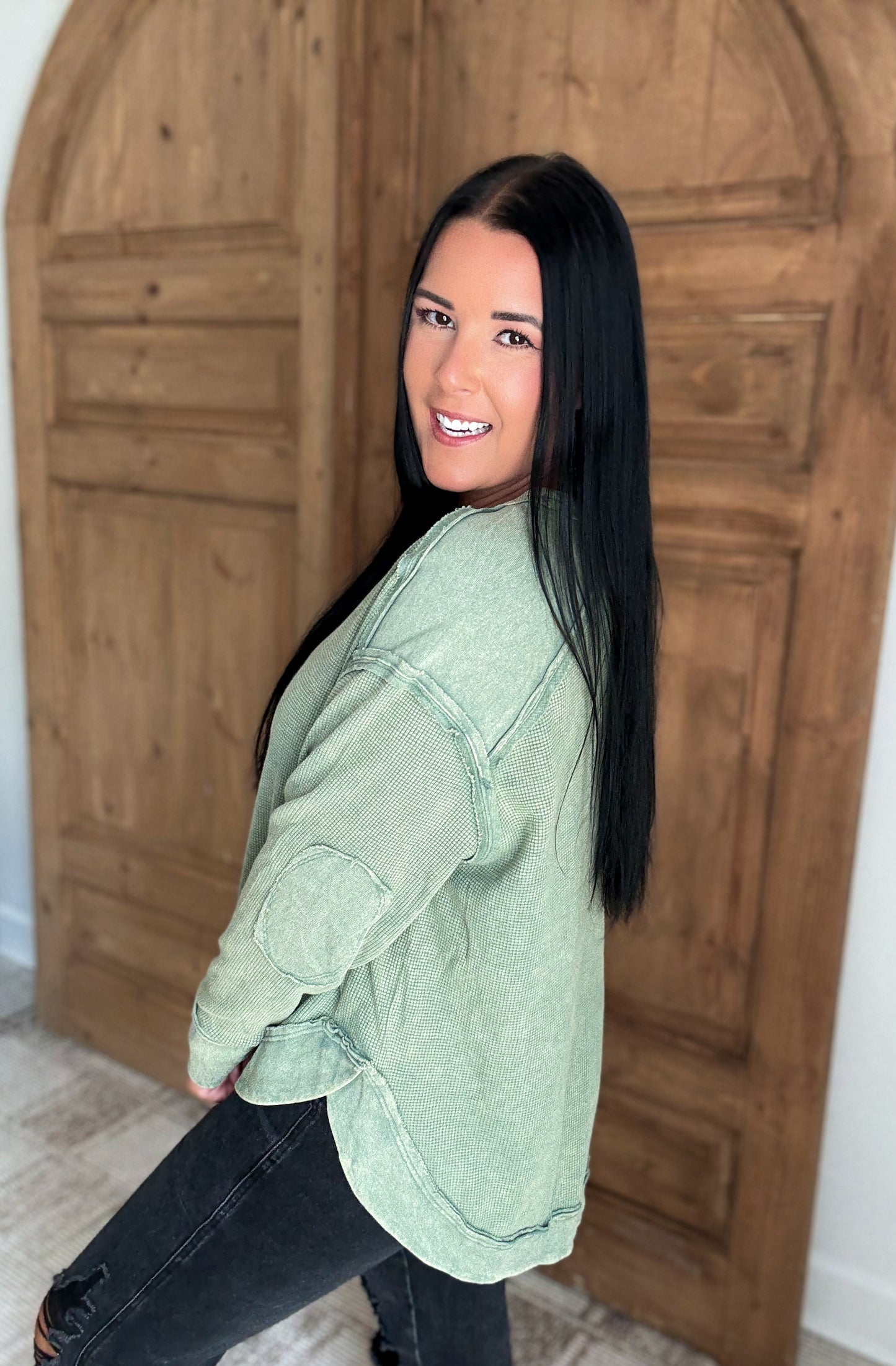 MINERAL WASHED ELBOW PATCHED CONTRAST TOPS- *Multiple Colors