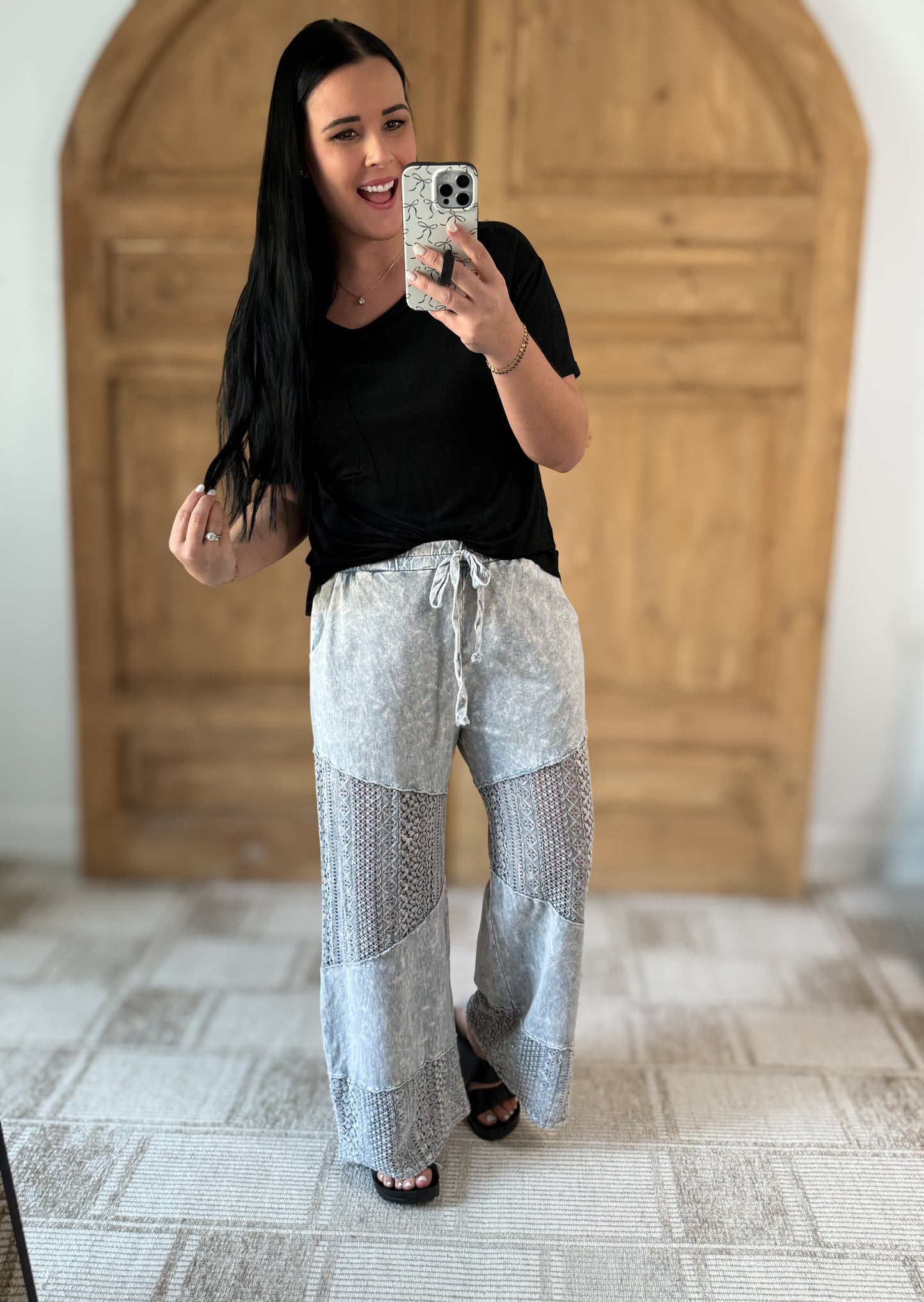 J.HER MINERAL WASHED LACE SEE THROUGH BREEZY PANTS SILVER GREY