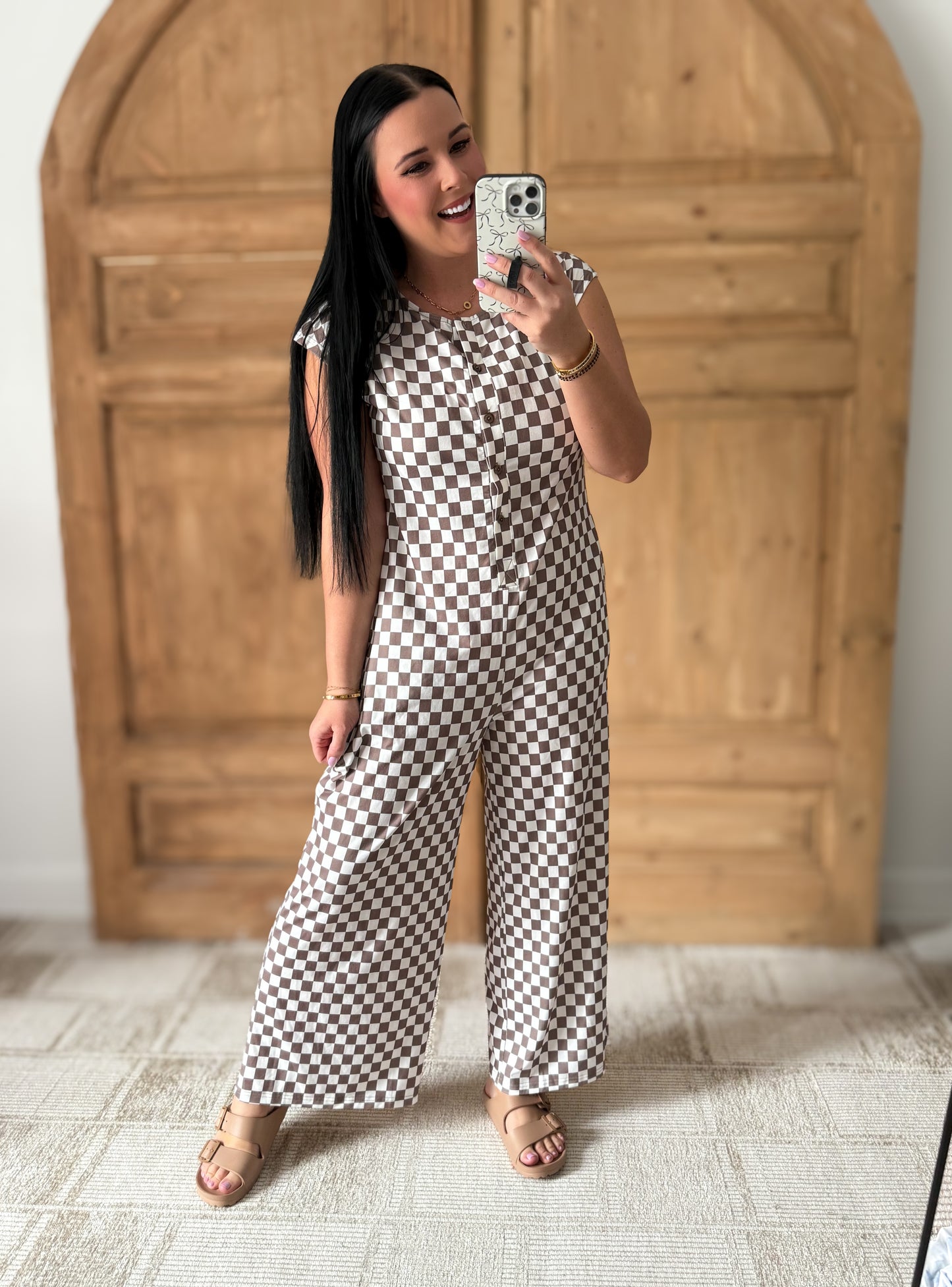 Checkered Print Crew Neck Wide Leg Jumpsuit