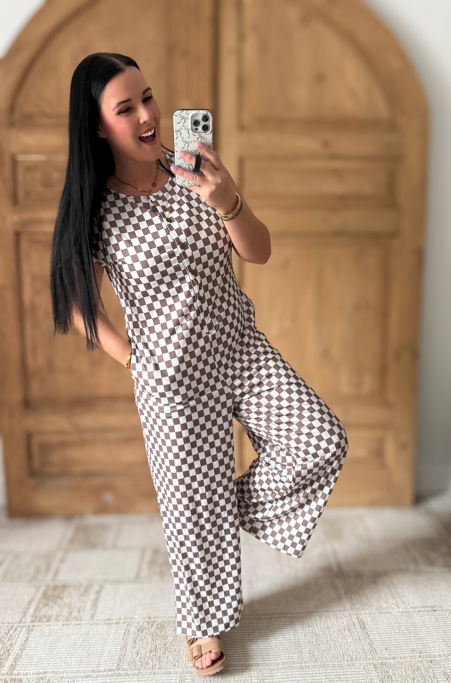 Checkered Print Crew Neck Wide Leg Jumpsuit