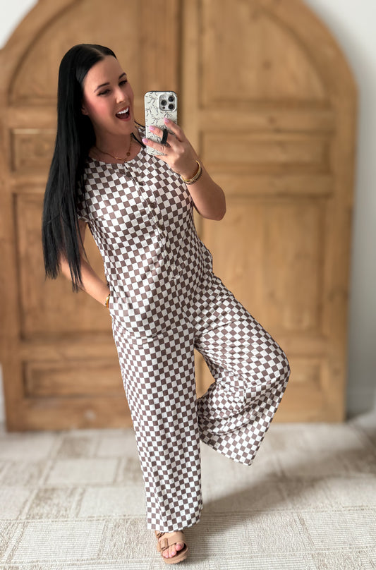 Checkered Print Crew Neck Wide Leg Jumpsuit