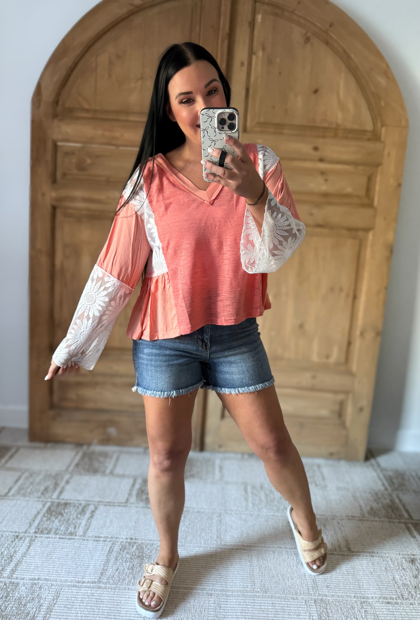 POL Lace Detail V-Neck Flare Sleeve