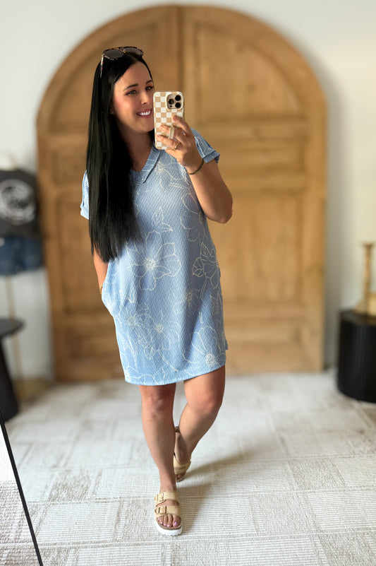 SHORT SLEEVE FLORAL URBAN RIBBED MINI DRESS: LT BLUE