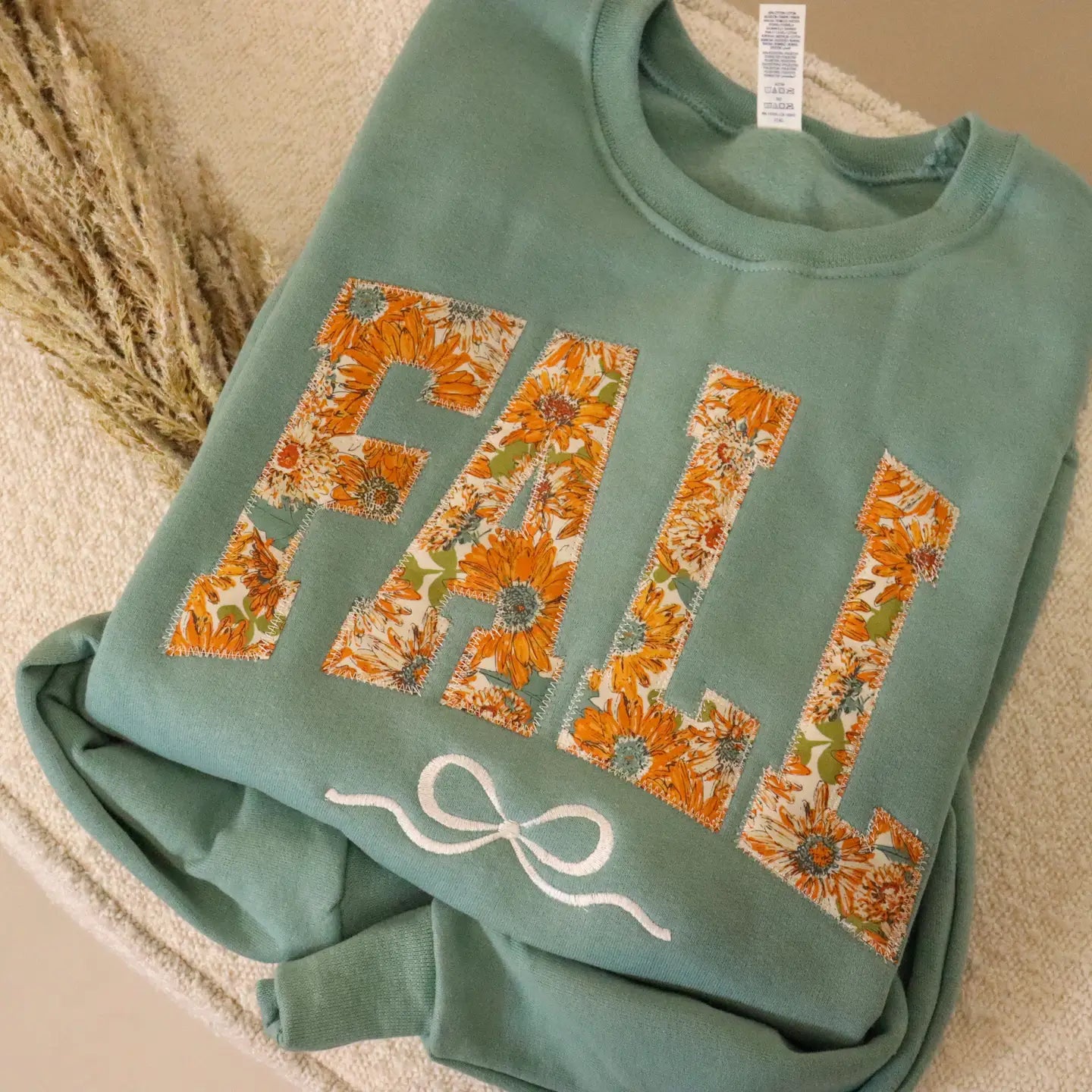 FALL PUMPKIN BOW COQUETTE EMBROIDERED CREWNECK SWEATSHIRT