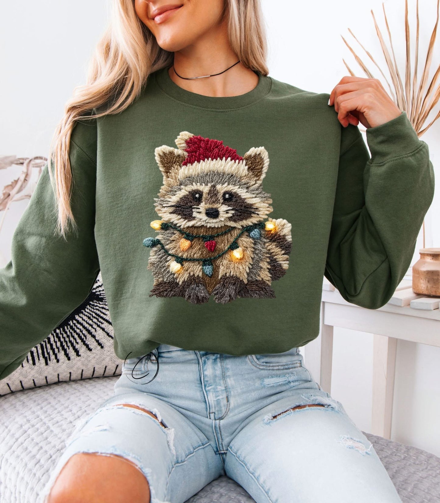 FAUX CROCHET FESTIVE FERAL RACCOON SWEATSHIRT