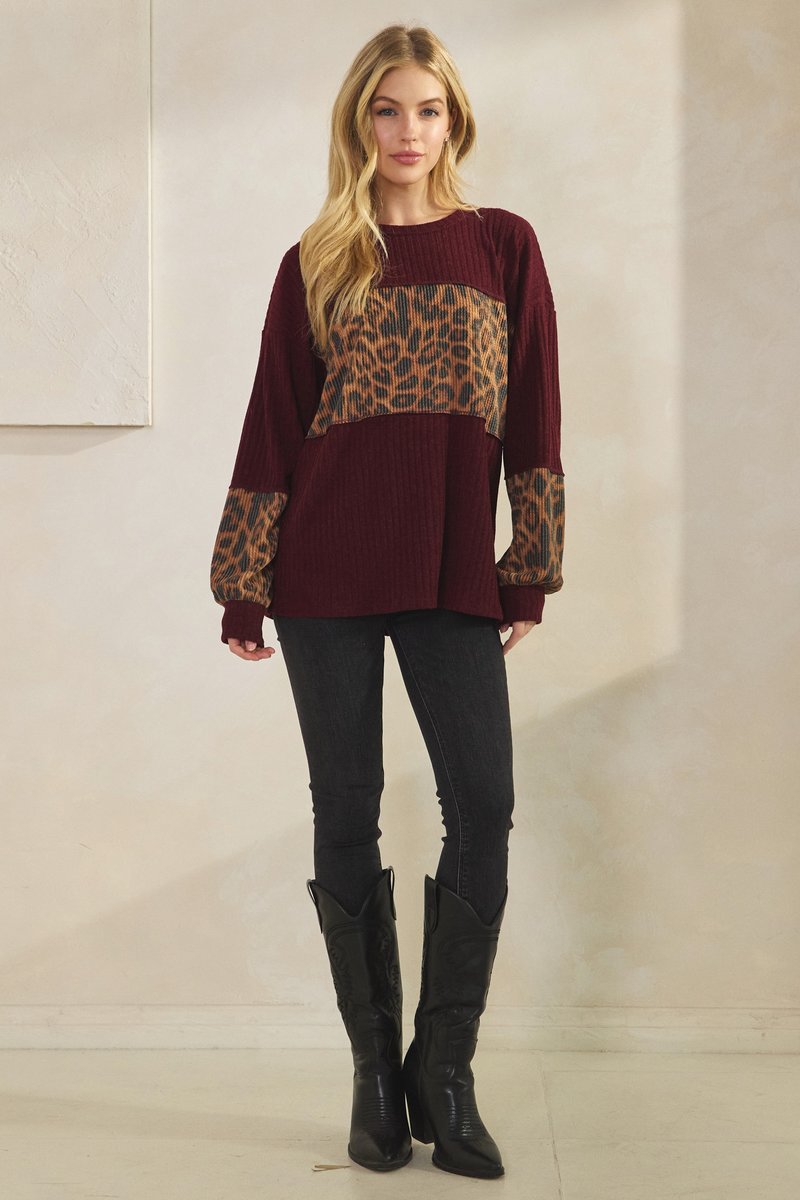LEOPARD RIBBED RELAXED FIT TOP