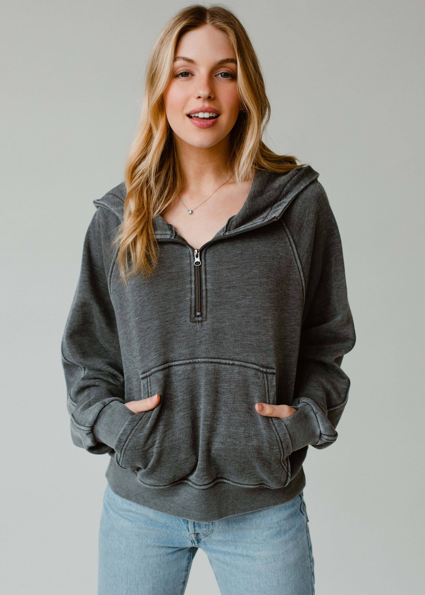 CHARCOAL HOODED HALF-ZIP SWEATSHIRT