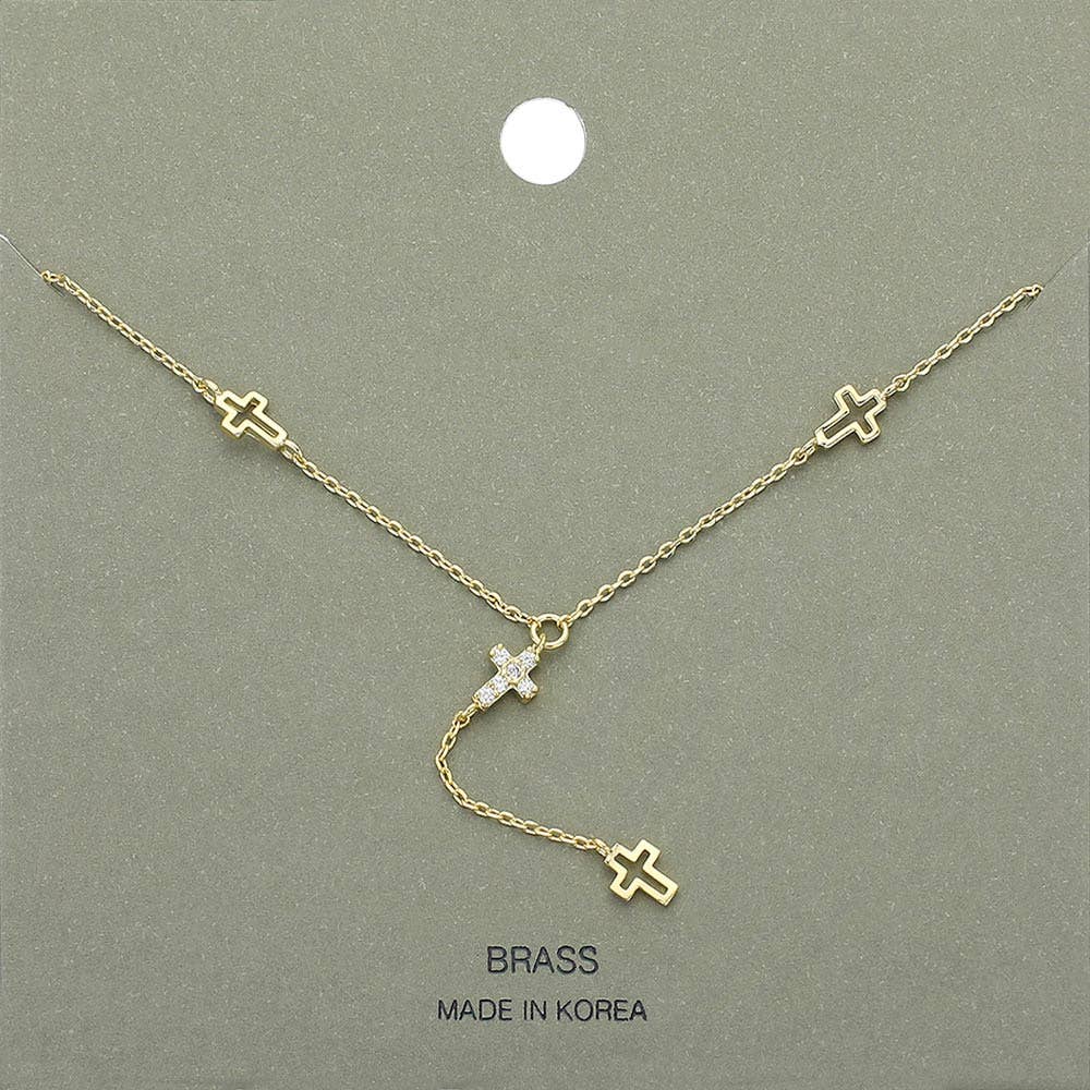 STONE PAVED CROSSS POINTED Y SHAPED NECKLACE (SILVER & GOLD)