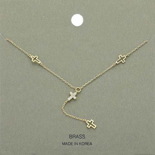 STONE PAVED CROSSS POINTED Y SHAPED NECKLACE (SILVER & GOLD)