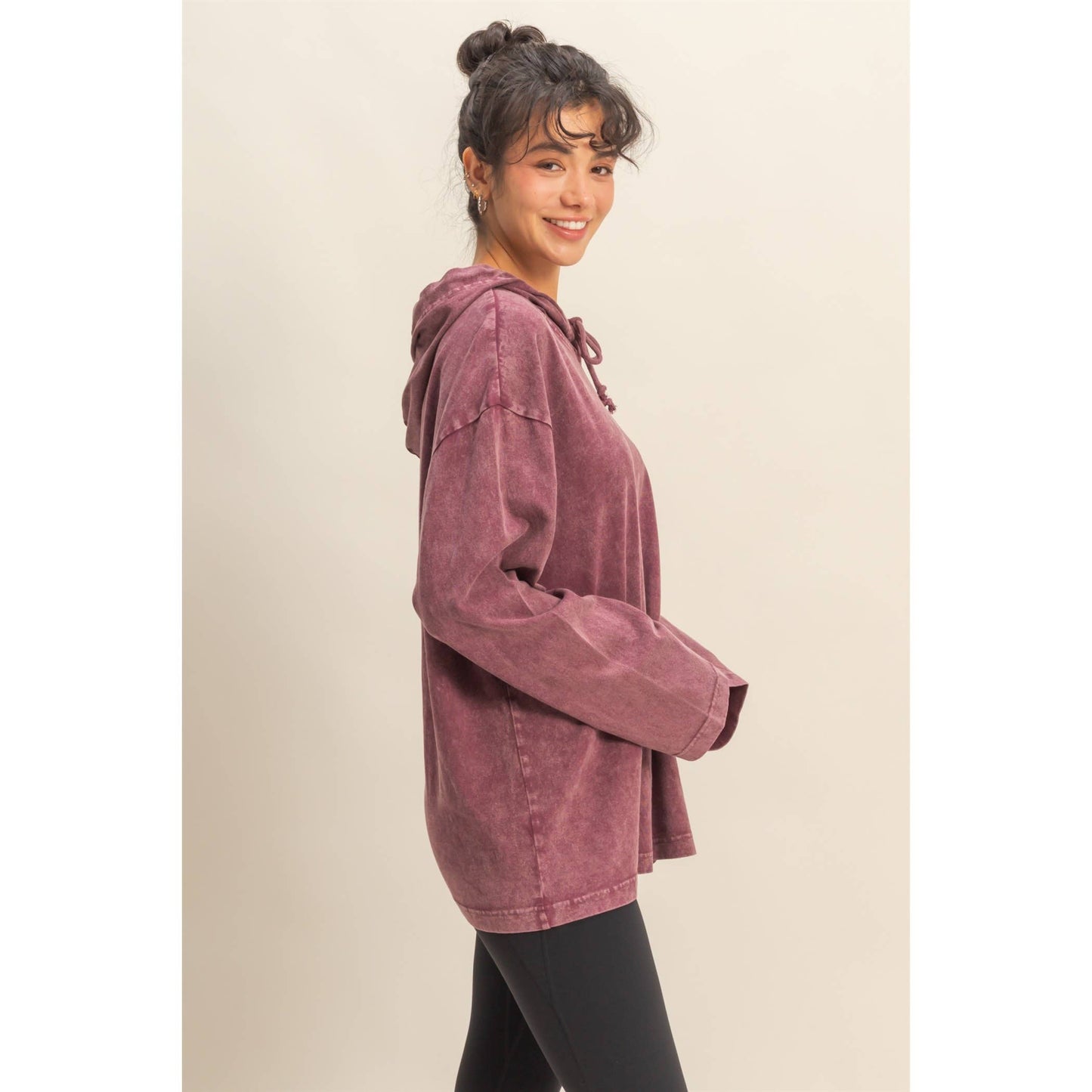 OVERSIZED HOODED VINTAGE WASHED LONG SLEEVE TOP- CABERNET