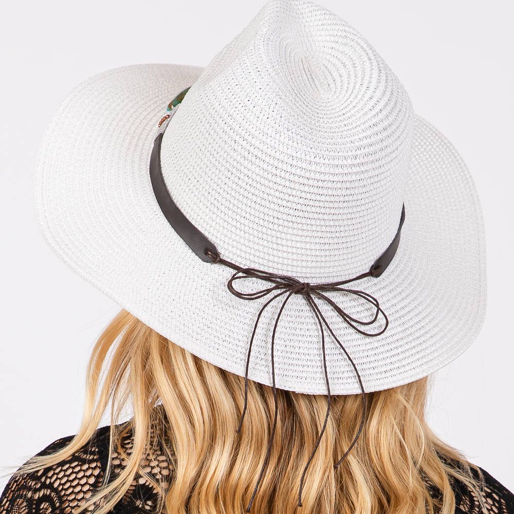 TURQUOISE BEADS BAND STRAW SUN HAT (MULTIPLE COLORS)